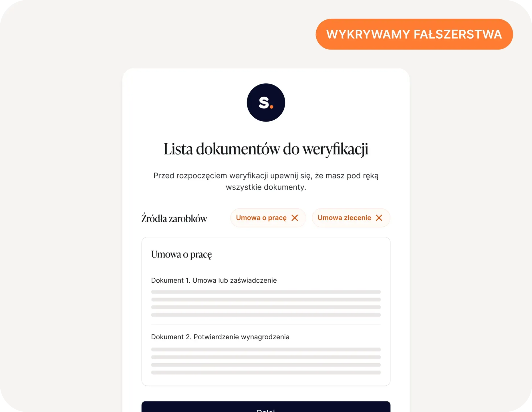 Formularz weryfikacji tożsamości z checklistą dokumentów do przesłania i polem na numer dokumentu oraz dane identyfikacyjne